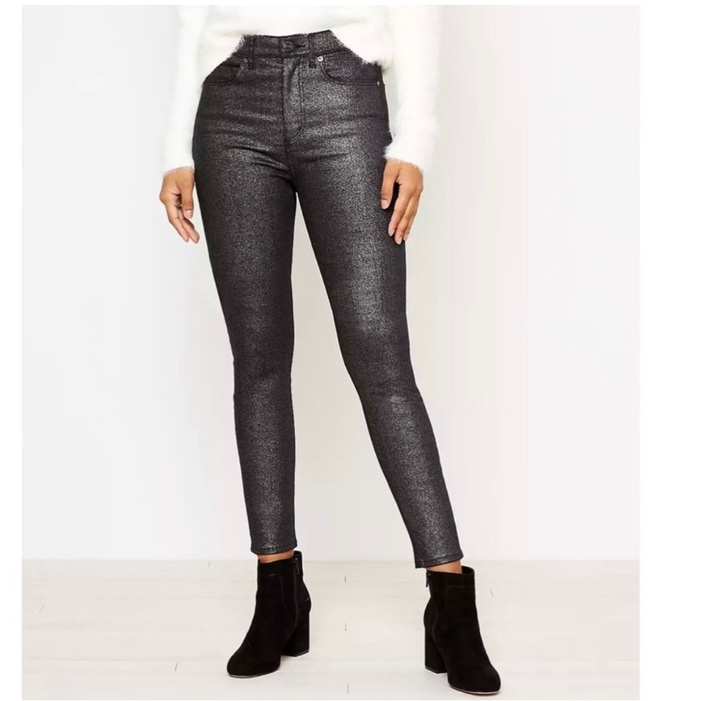 Women's Loft Shimmer High Rise Skinny Jeans Black Shiny Shimmer Size 10/30